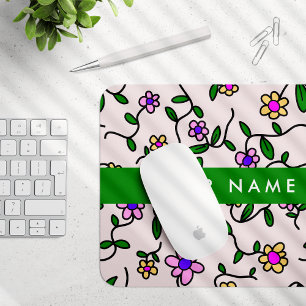 Colourful Flowers, Pink Background, Green Mouse Pad