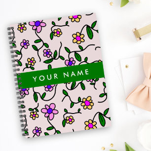 Colourful Flowers, Pink Background, Green Notebook