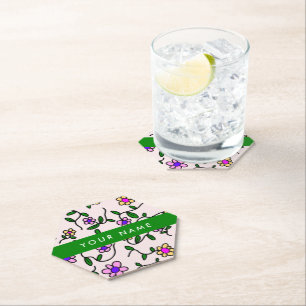 Colourful Flowers, Pink Background, Green Paper Coaster
