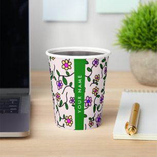 Colourful Flowers, Pink Background, Green Paper Cups