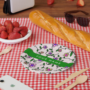 Colourful Flowers, Pink Background, Green Paper Plate