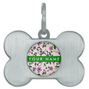 Colourful Flowers, Pink Background, Green Pet ID Tag