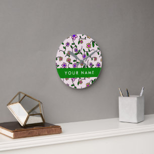 Colourful Flowers, Pink Background, Green Round Clock