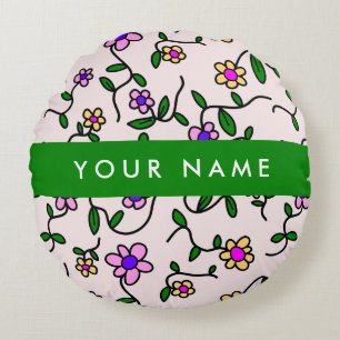 Colourful Flowers, Pink Background, Green Round Cushion