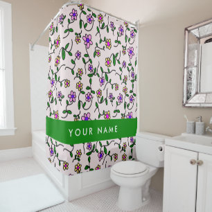 Colourful Flowers, Pink Background, Green Shower Curtain