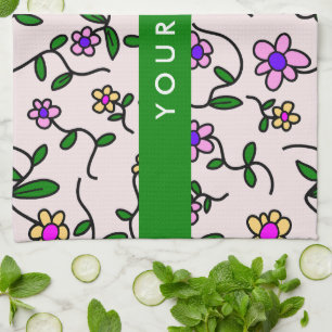Colourful Flowers, Pink Background, Green Tea Towel