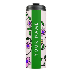 Colourful Flowers, Pink Background, Green Thermal Tumbler