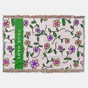 Colourful Flowers, Pink Background, Green Throw Blanket