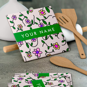 Colourful Flowers, Pink Background, Green Tile
