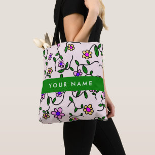 Colourful Flowers, Pink Background, Green Tote Bag