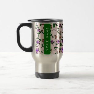 Colourful Flowers, Pink Background, Green Travel Mug