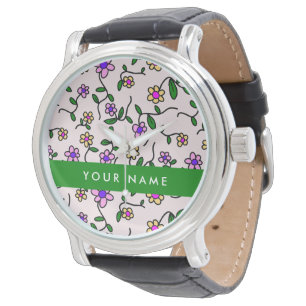 Colourful Flowers, Pink Background, Green Watch