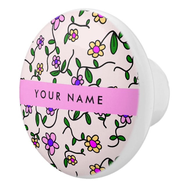 Colourful Flowers, Pink Background, Pink Ceramic Knob (Right)