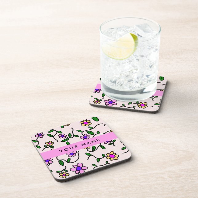 Colourful Flowers, Pink Background, Pink Coaster (Right Side)