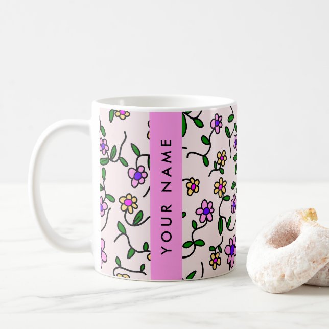Colourful Flowers, Pink Background, Pink Coffee Mug (With Donut)