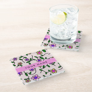 Colourful Flowers, Pink Background, Pink Glass Coaster