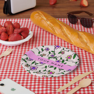 Colourful Flowers, Pink Background, Pink Paper Plate