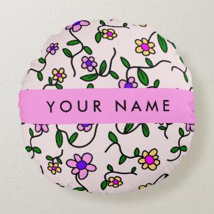 Colourful Flowers, Pink Background, Pink Round Cushion