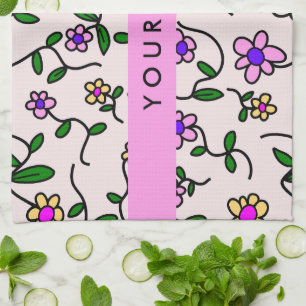 Colourful Flowers, Pink Background, Pink Tea Towel