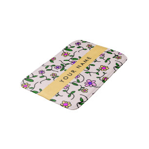 Colourful Flowers, Pink Background, Yellow Bath Mat