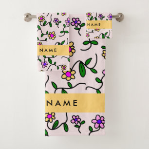 Colourful Flowers, Pink Background, Yellow Bath Towel Set