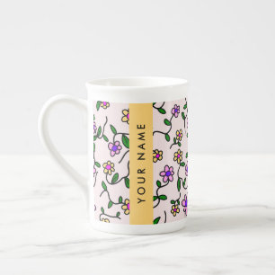 Colourful Flowers, Pink Background, Yellow Bone China Mug