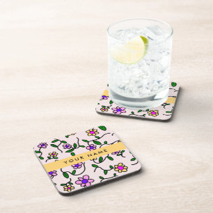 Colourful Flowers, Pink Background, Yellow Coaster