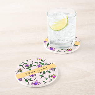 Colourful Flowers, Pink Background, Yellow Coaster