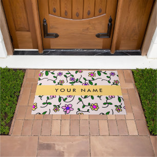 Colourful Flowers, Pink Background, Yellow Doormat