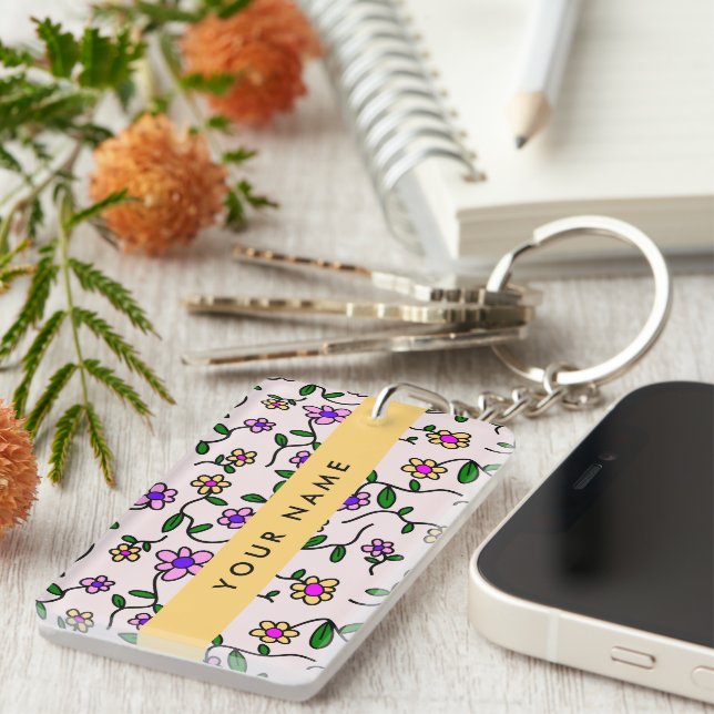 Colourful Flowers, Pink Background, Yellow Key Ring (Front Right)