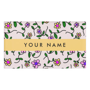 Colourful Flowers, Pink Background, Yellow Name Tag