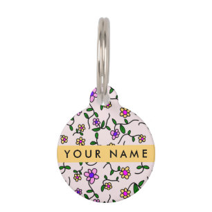 Colourful Flowers, Pink Background, Yellow Pet Tag