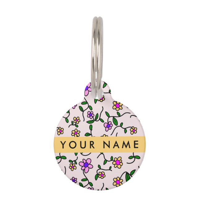 Colourful Flowers, Pink Background, Yellow Pet Tag (Front)