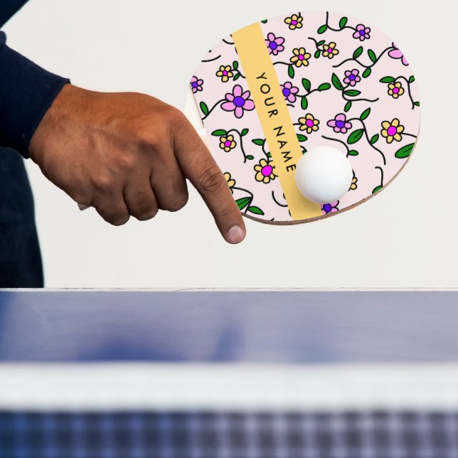 Colourful Flowers, Pink Background, Yellow Ping Pong Paddle (Insitu)