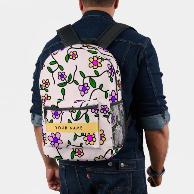 Colourful Flowers, Pink Background, Yellow Printed Backpack (Insitu (Model))
