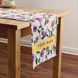 Colourful Flowers, Pink Background, Yellow Short Table Runner