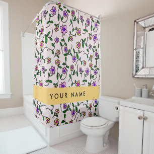 Colourful Flowers, Pink Background, Yellow Shower Curtain