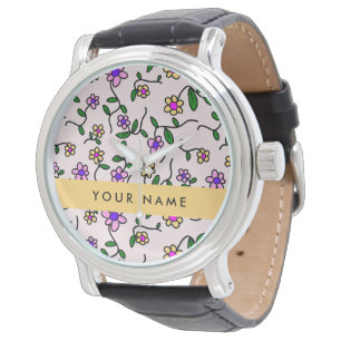 Colourful Flowers, Pink Background, Yellow Watch
