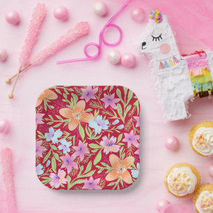 Colourful flowers, pink, coral and white paper plate