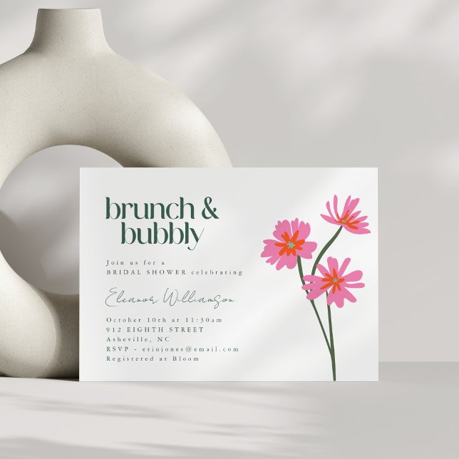 Colourful Flowers Pink Green Floral Brunch Bubbly Invitation (Creator Uploaded)