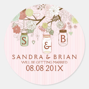 Colourful Flowers & Pink Stripes Hanging Mason Jar Classic Round Sticker