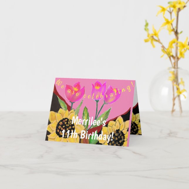 Colourful Flowers Pink Tulips & Yellow Sunflowers Card (Yellow Flower)