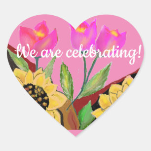 Colourful Flowers Pink Tulips & Yellow Sunflowers Heart Sticker