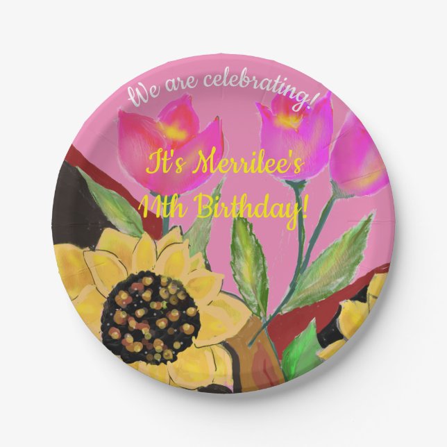 Colourful Flowers Pink Tulips & Yellow Sunflowers Paper Plate (Front)