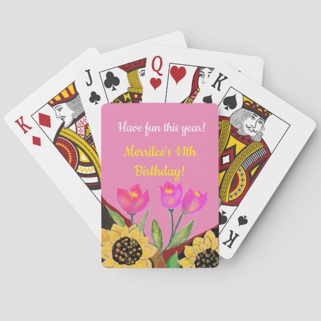 Colourful Flowers Pink Tulips & Yellow Sunflowers Playing Cards (Back)