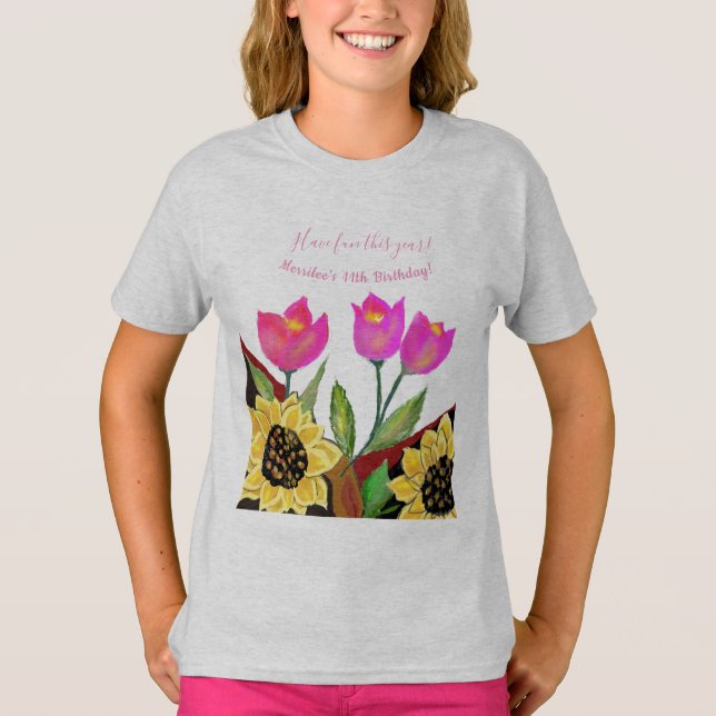 Colourful Flowers Pink Tulips & Yellow Sunflowers T-Shirt (Front)