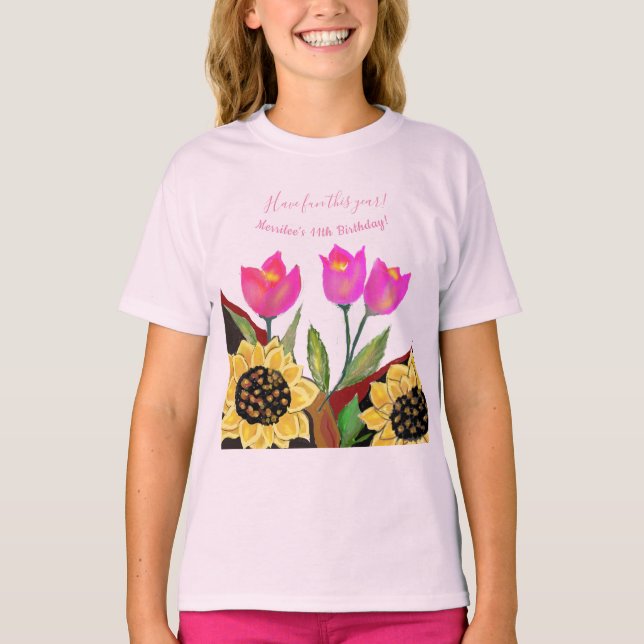 Colourful Flowers Pink Tulips & Yellow Sunflowers T-Shirt (Front)