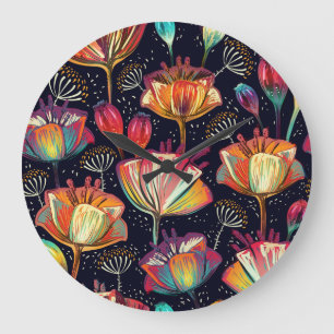 Colourful Flowers Plants Vintage Pattern Large Clock