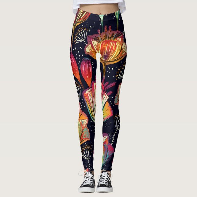 Colourful Flowers Plants Vintage Pattern Leggings (Front)