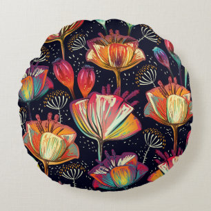 Colourful Flowers Plants Vintage Pattern Round Cushion